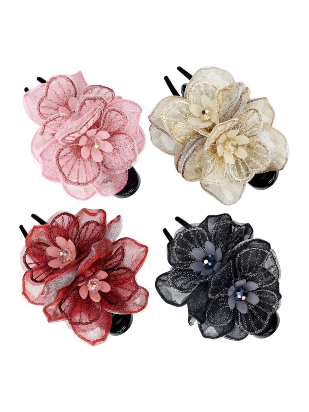 Handmade Embroidered Mesh Flower Duckbill Hair Clips Plastic Metal Spring 4 Pack